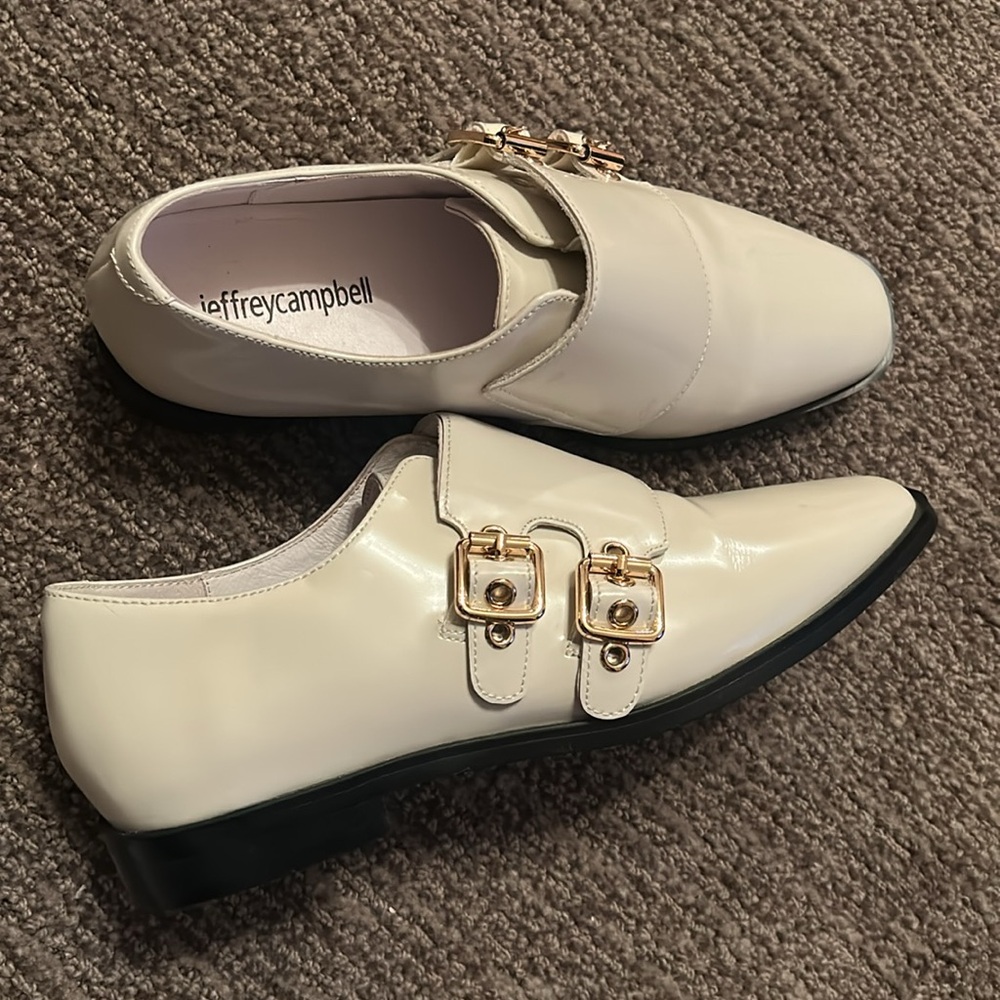 Jeffrey Campbell White Patent Leather Buckle Loafers